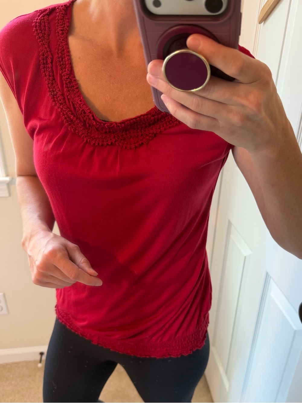 Luxe Embellished Ruffle Rounded Collar Dressy Top Short Sleeve Outback Red